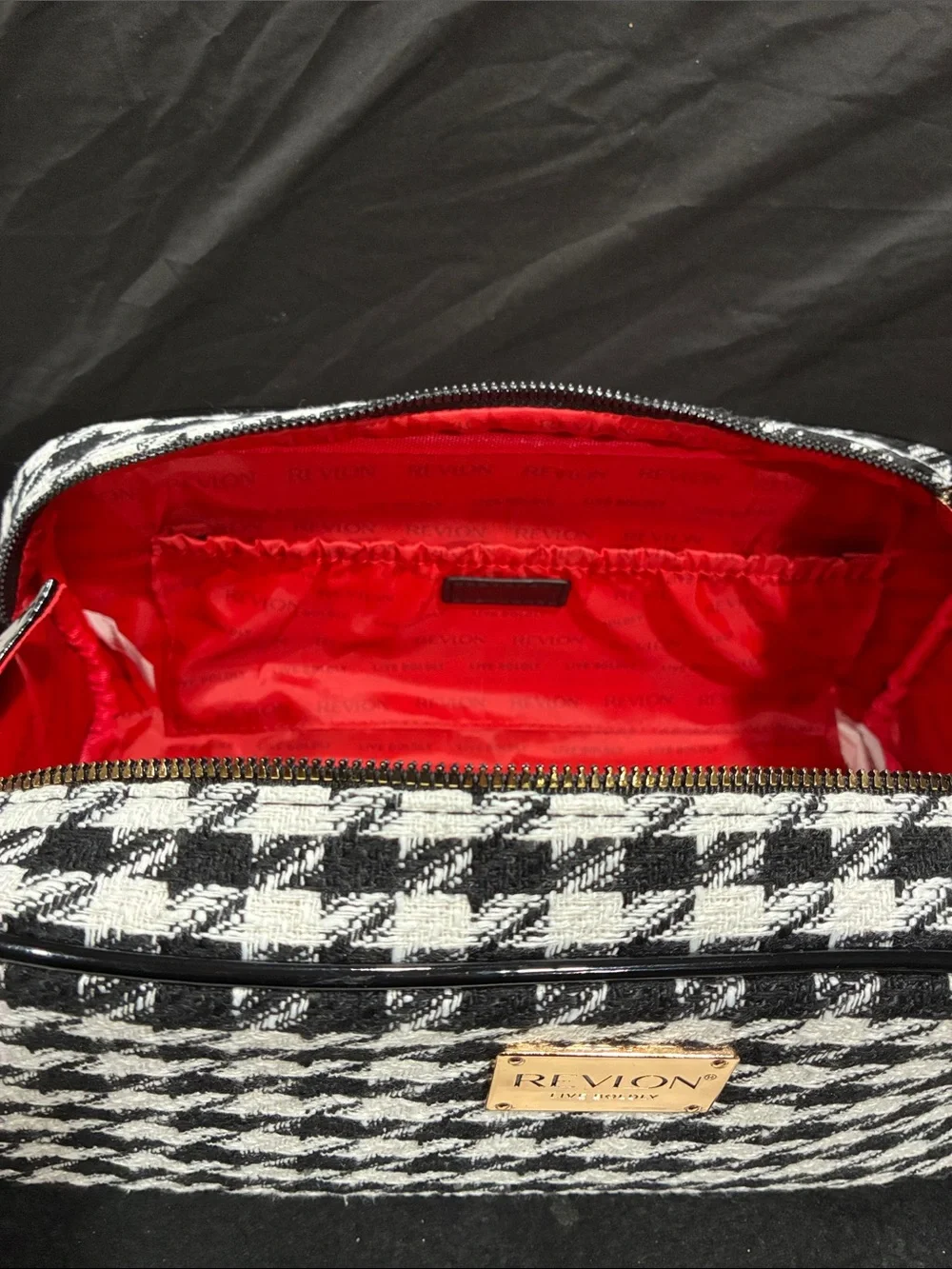 Revlon Black & White Makeup Organizer for Traveling with Gold Plaque
